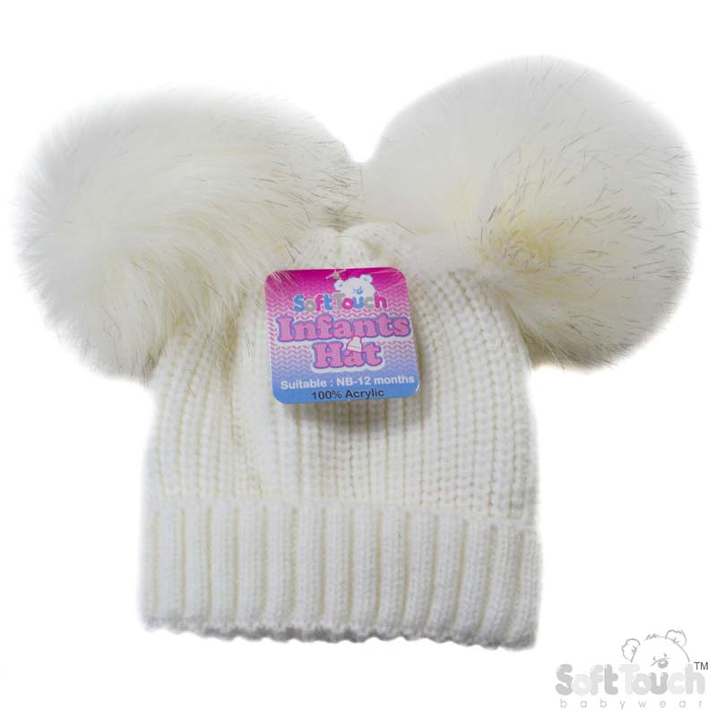 SM Off White Ribbed Hat W/2 Fur Pom Poms No. H506-W
